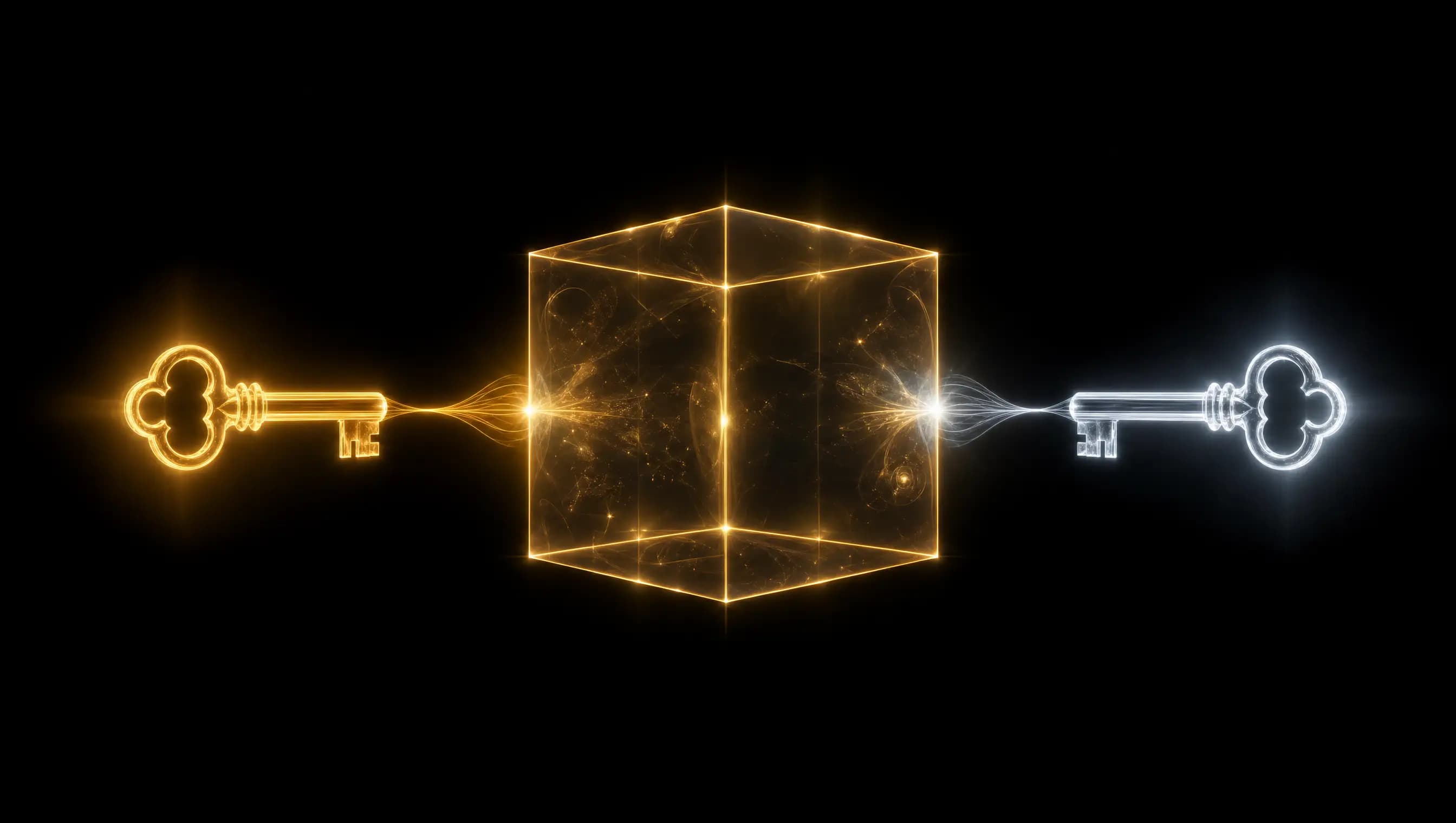 An escrow cube of golden light flanked by the issuer's gold key and the receiver's silver key