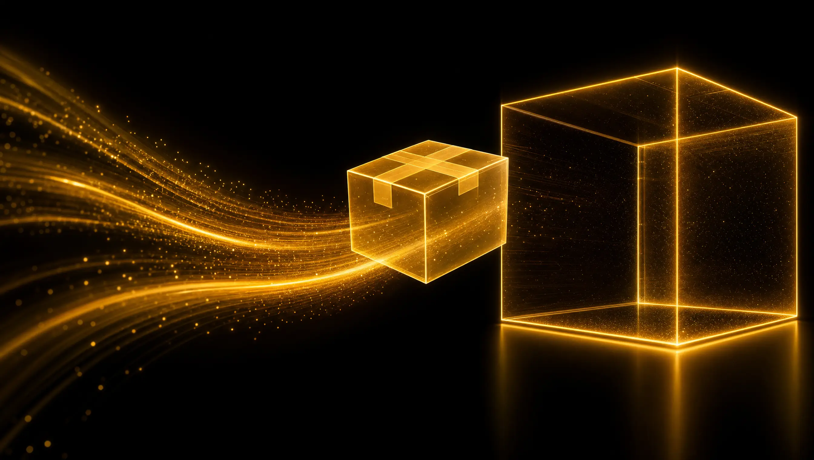 A parcel of golden light travelling along a stream toward an escrow cube